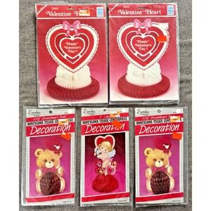Vintage Valentine Honeycomb Centerpieces Tissue Lot of 5 Eureka Cupid Bear Heart
